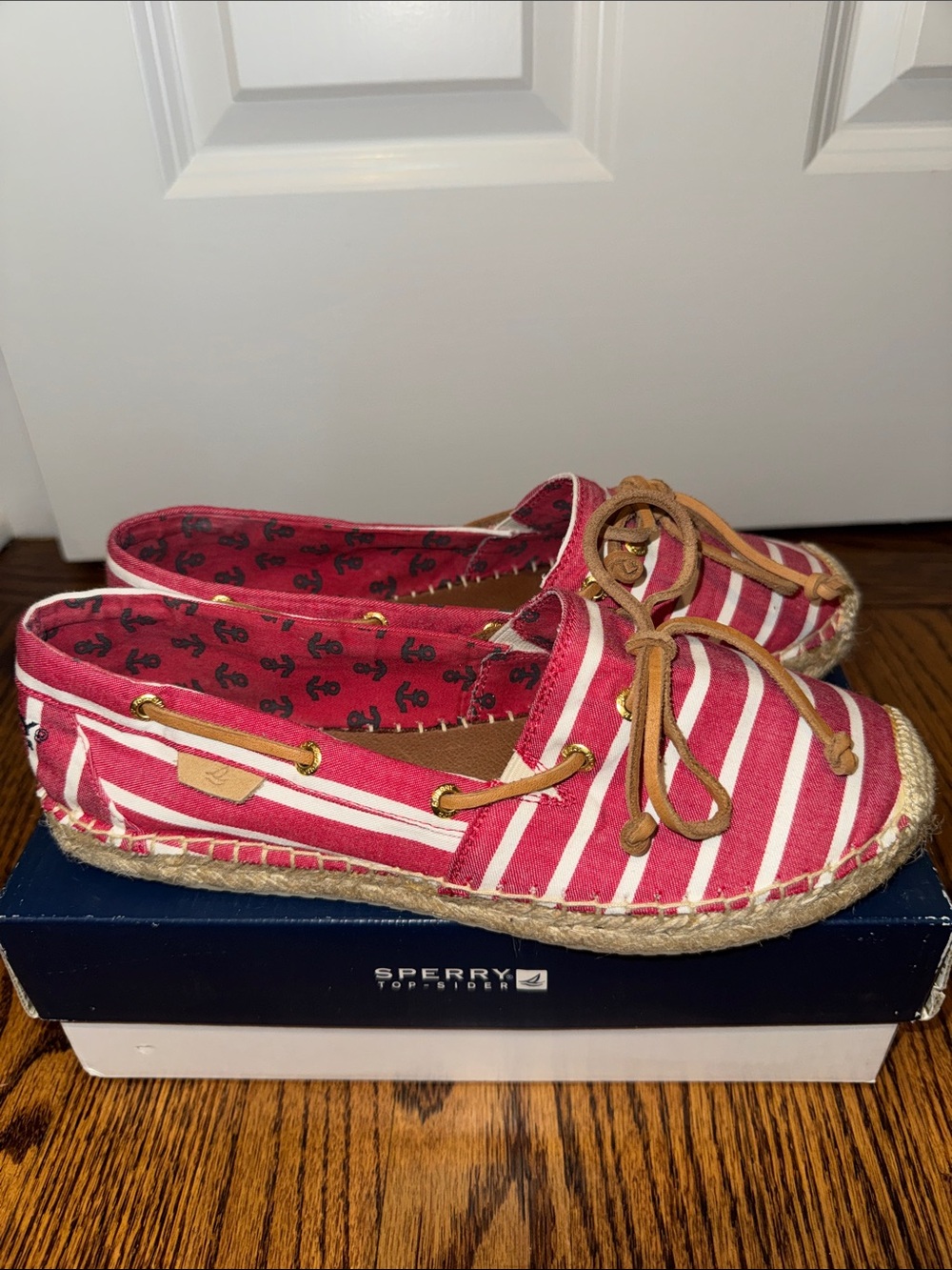Sperry Red and White Striped Canvas Moccasins